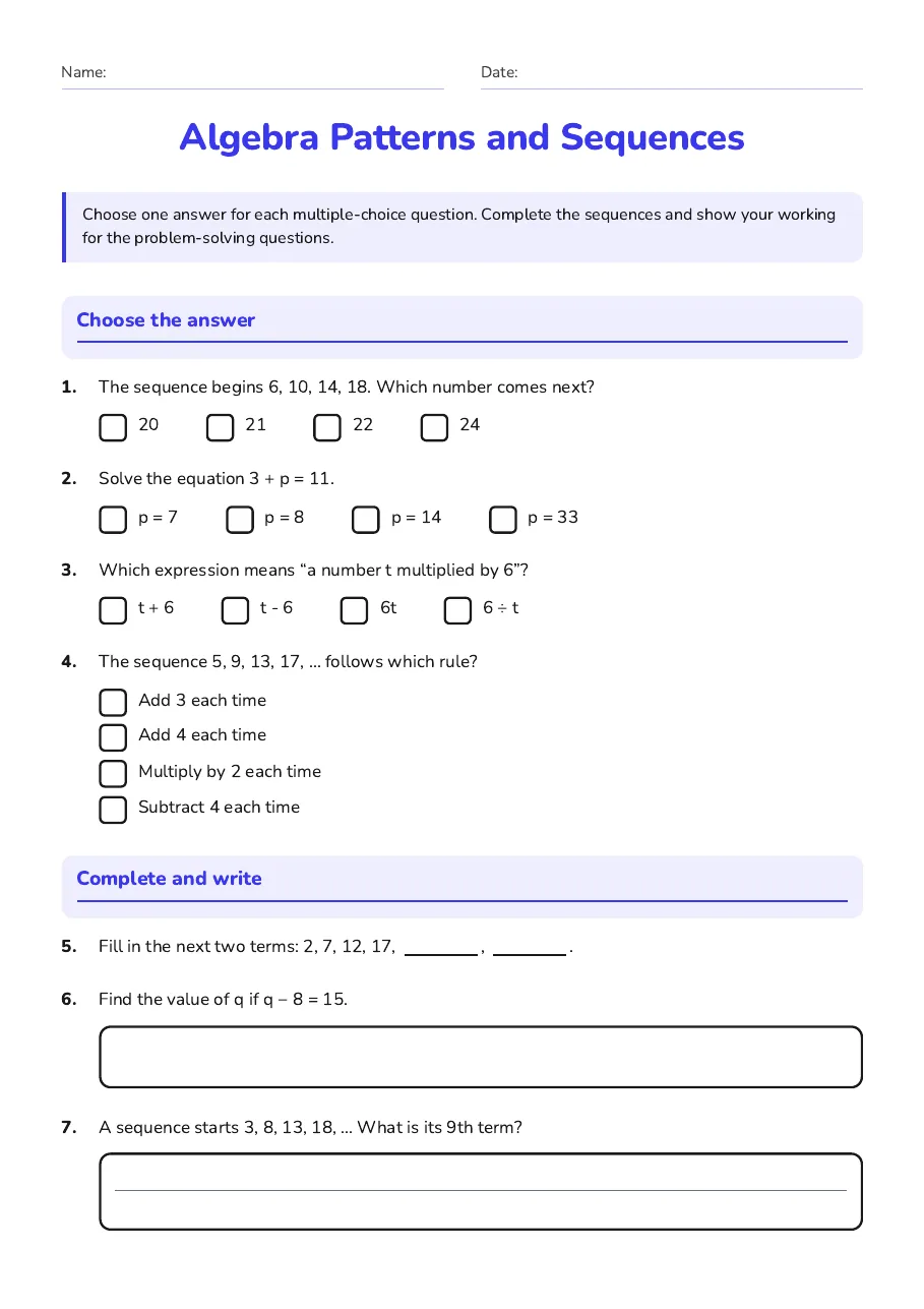 Algebra sequence practice: multiple-choice questions, missing terms, and writing expressions.