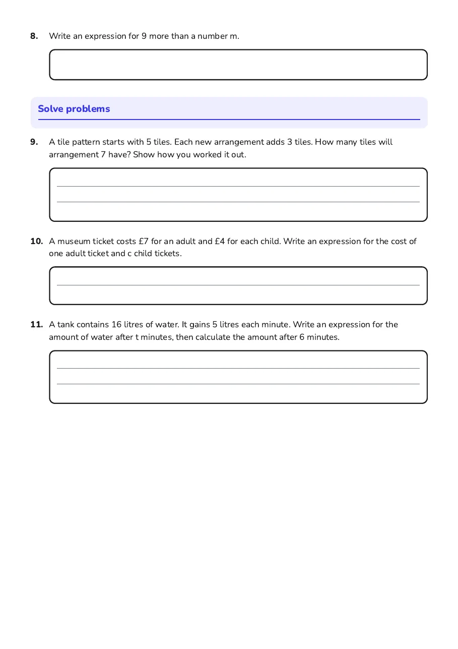 Tile pattern problem, followed by word problems about ticket costs and a growing amount of water.