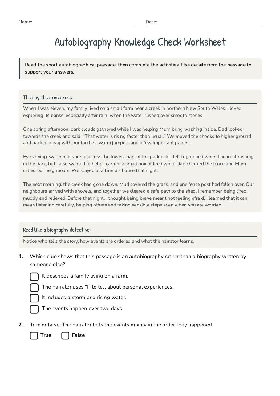 Autobiography Knowledge Check Worksheet, page 1 of 3: The day the creek rose, Read like a biography detective