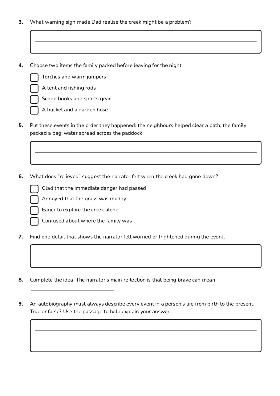 Autobiography Knowledge Check Worksheet, page 2 of 3: 3. What warning sign made Dad realise the creek might be a problem?