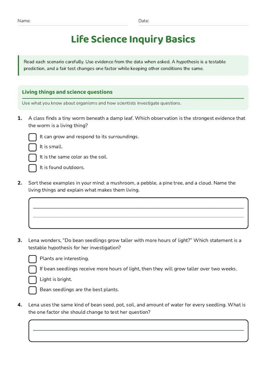 Life Science Inquiry Basics, page 1 of 3: Living things and science questions