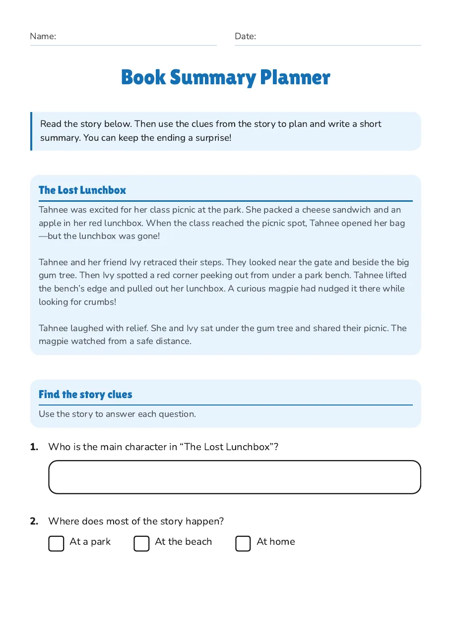 Book Summary Planner, page 1 of 3: The Lost Lunchbox, Find the story clues