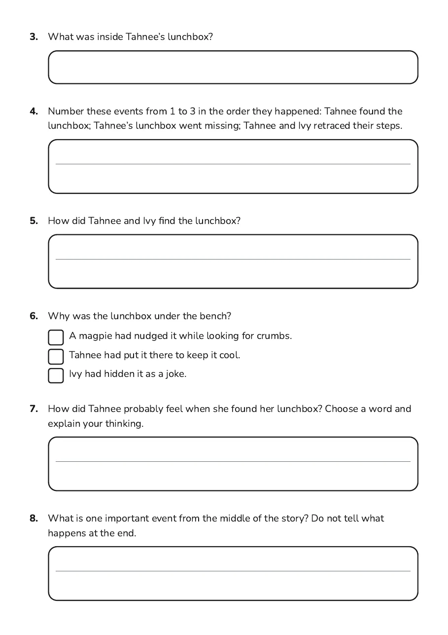 Book Summary Planner, page 2 of 3: 3. What was inside Tahnee’s lunchbox?
