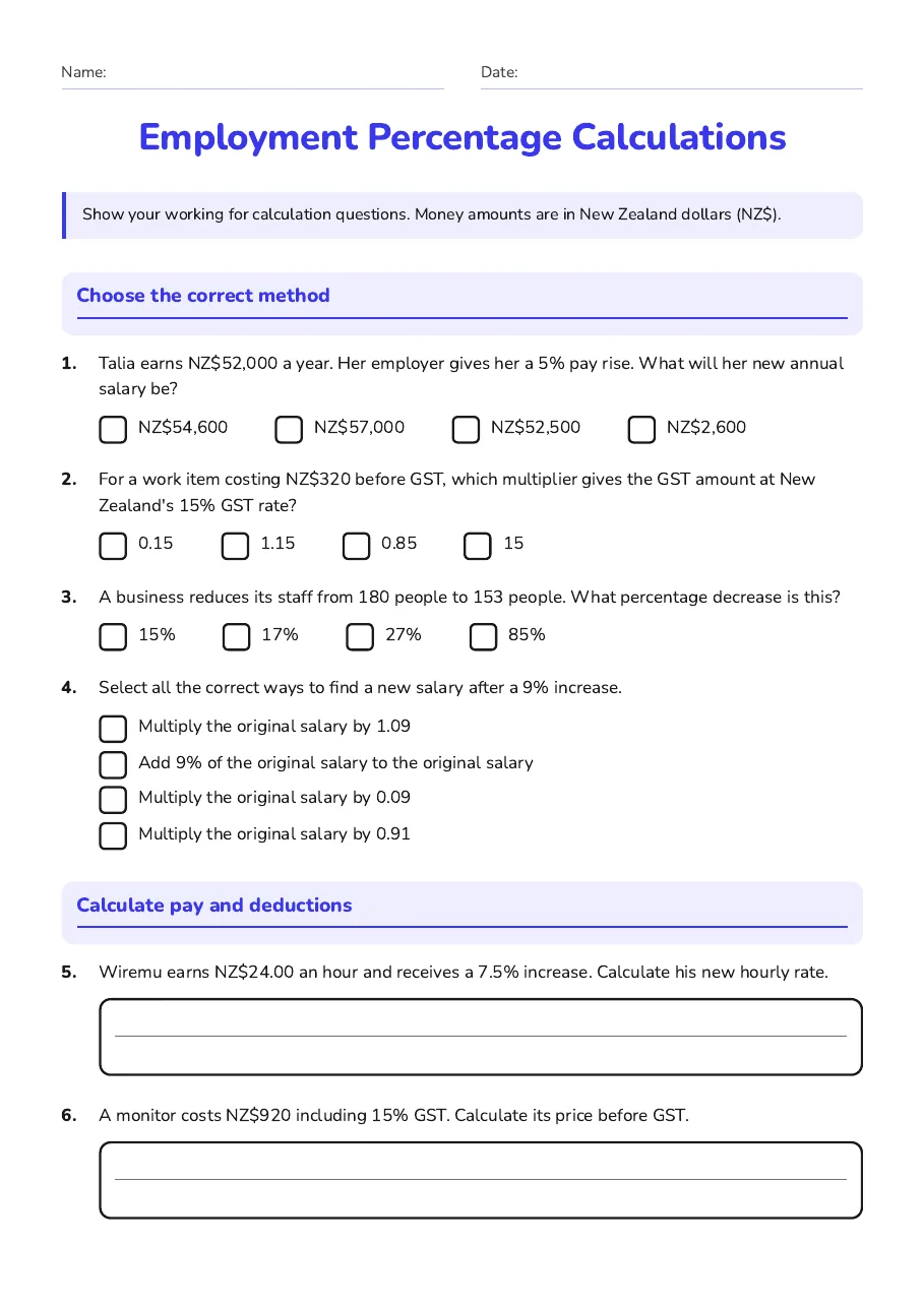 Employment Percentage Calculations, page 1 of 2: Choose the correct method, Calculate pay and deductions
