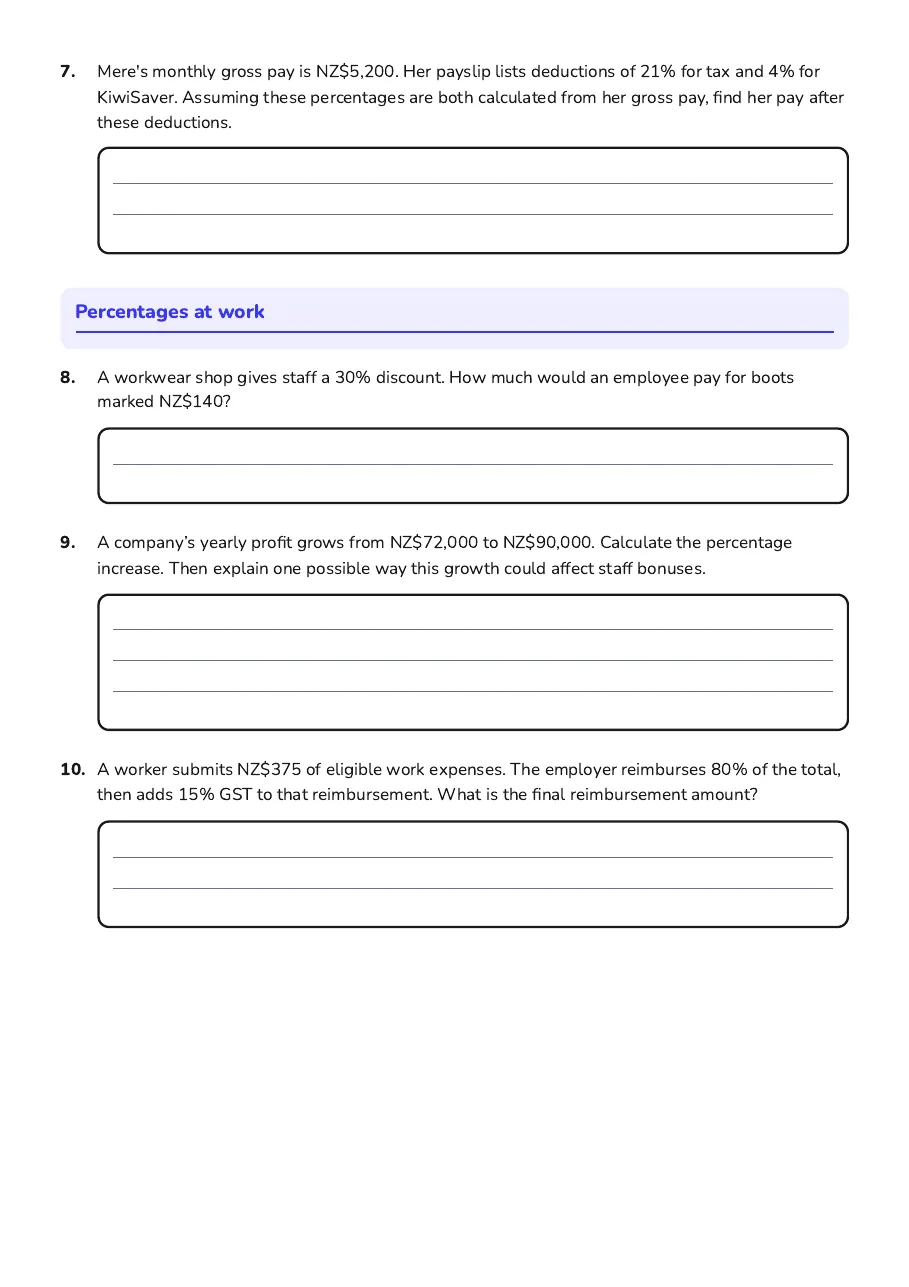 Employment Percentage Calculations, page 2 of 2: Percentages at work