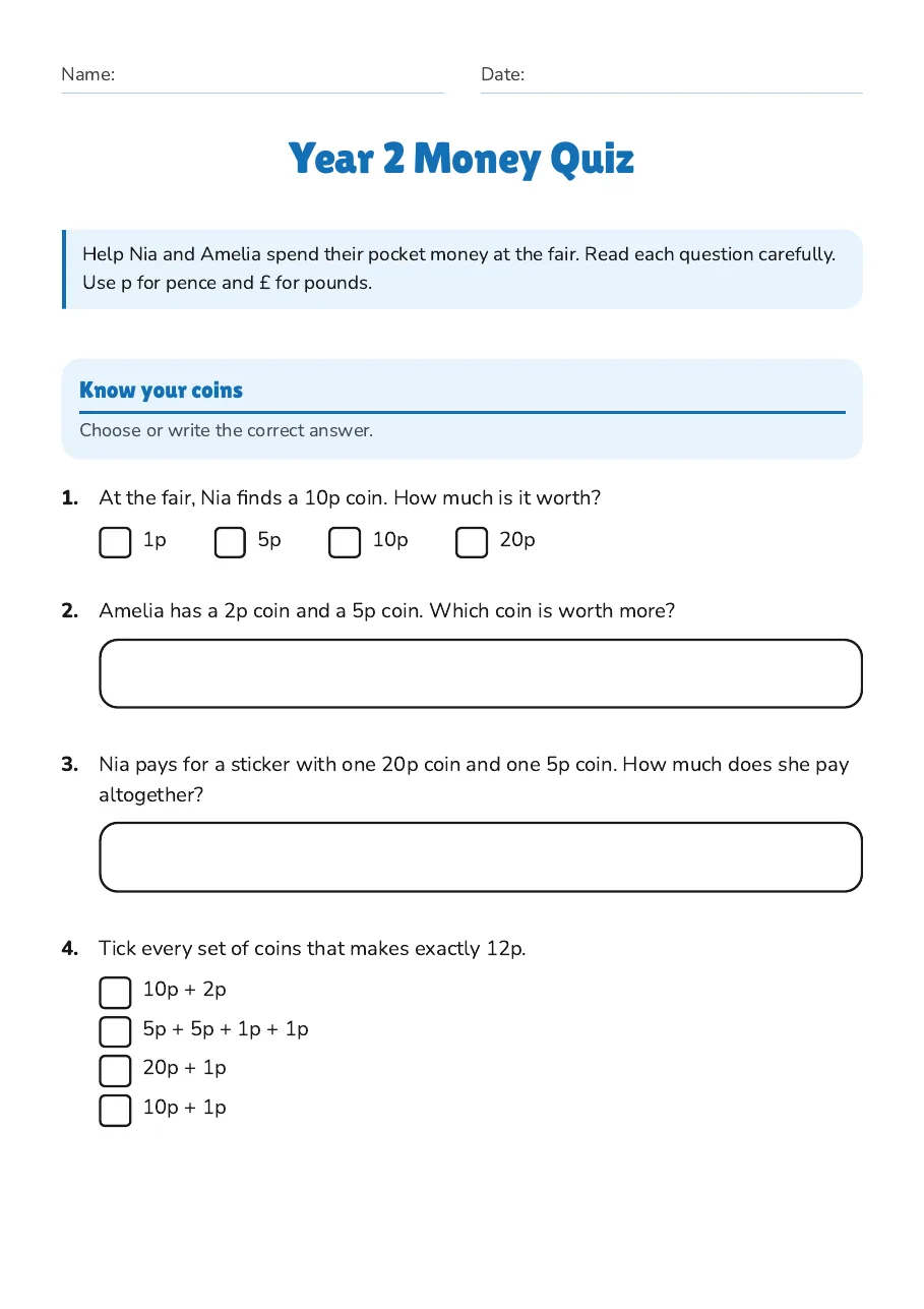 Year 2 Money Quiz, page 1 of 3: Know your coins