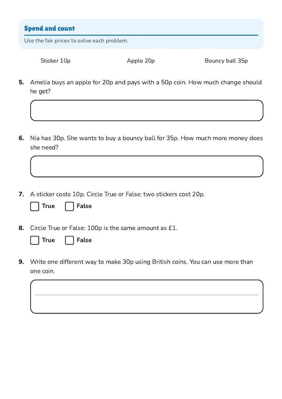Year 2 Money Quiz, page 2 of 3: Spend and count