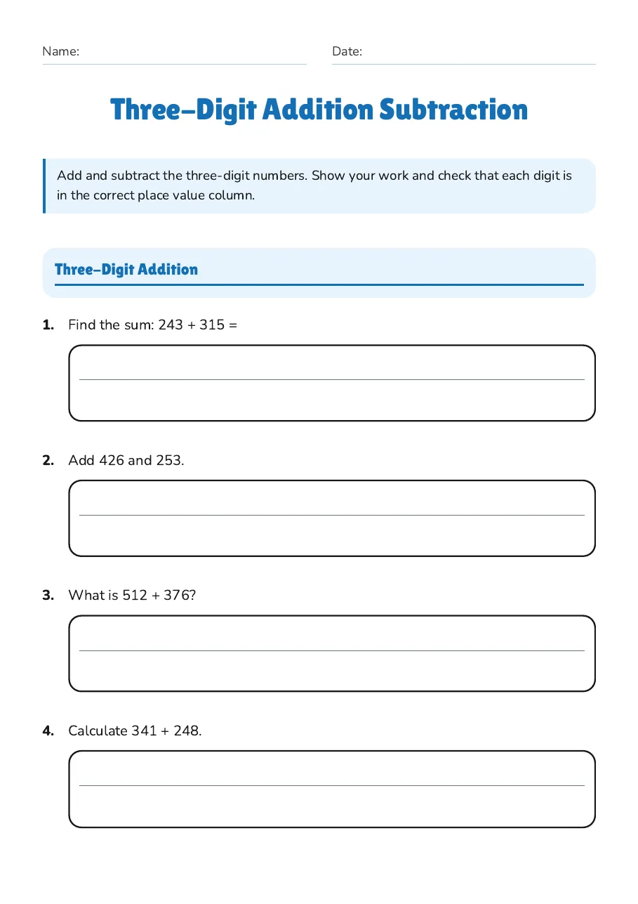 Three-Digit Addition Subtraction, page 1 of 3: Three-Digit Addition