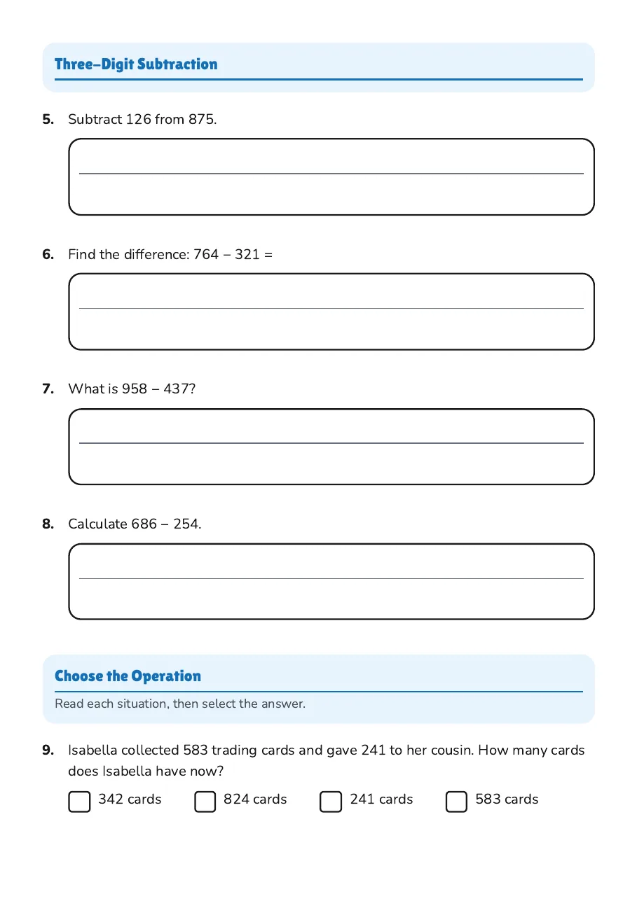 Three-Digit Addition Subtraction, page 2 of 3: Three-Digit Subtraction, Choose the Operation