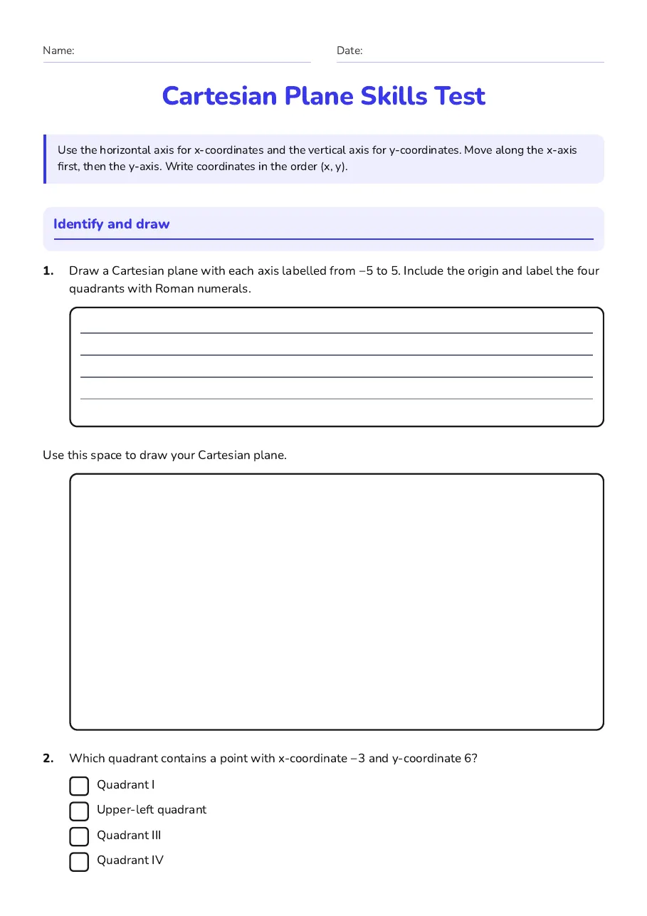 Cartesian Plane Skills Test, page 1 of 4: Identify and draw