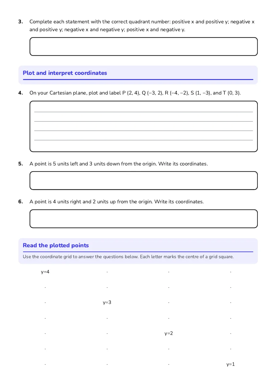 Cartesian Plane Skills Test, page 2 of 4: Plot and interpret coordinates, Read the plotted points