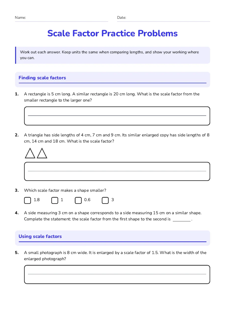 Scale Factor Practice Problems, page 1 of 3: Finding scale factors, Using scale factors
