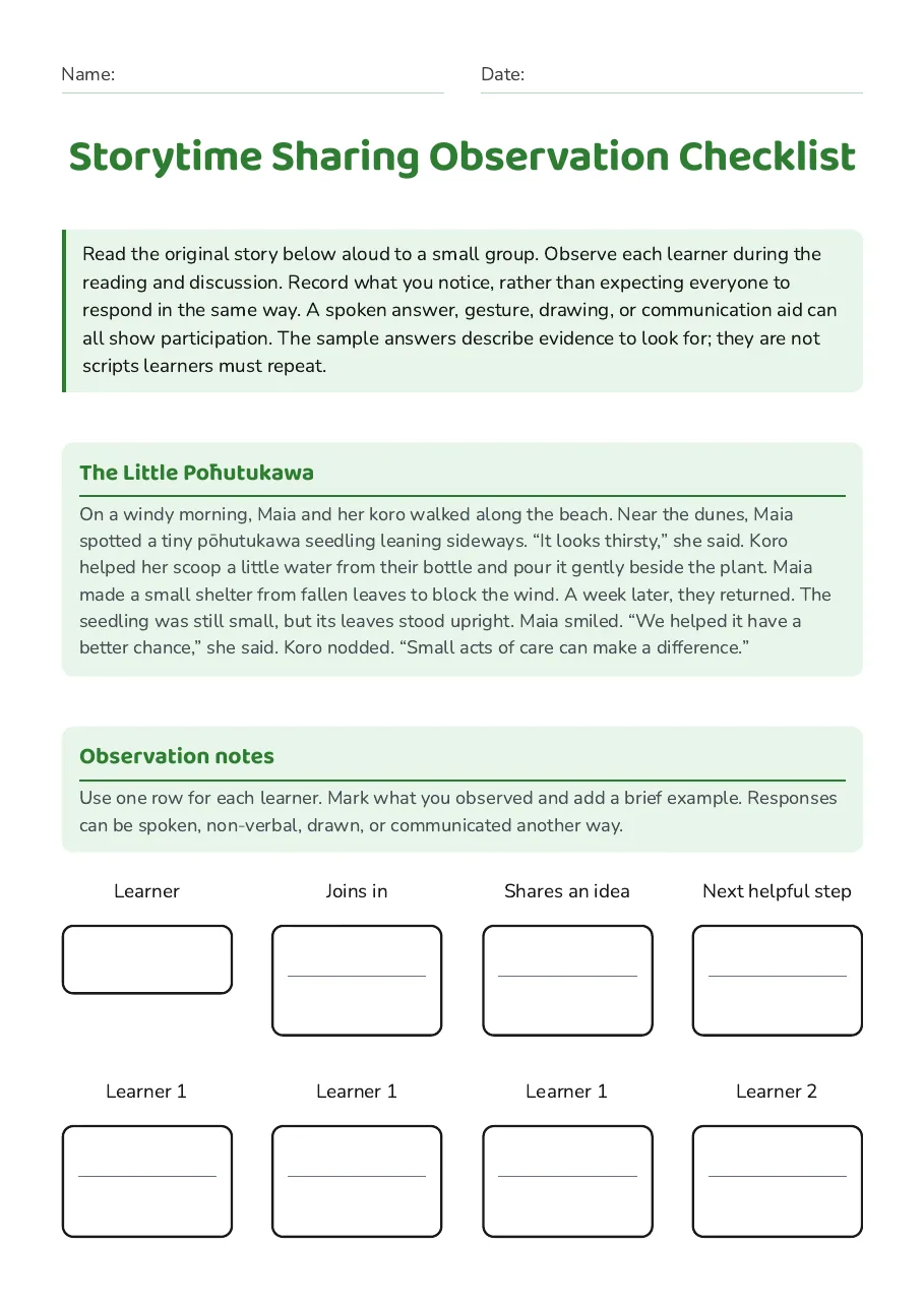 Storytime Sharing Observation Checklist, page 1 of 3: The Little Pōhutukawa, Observation notes