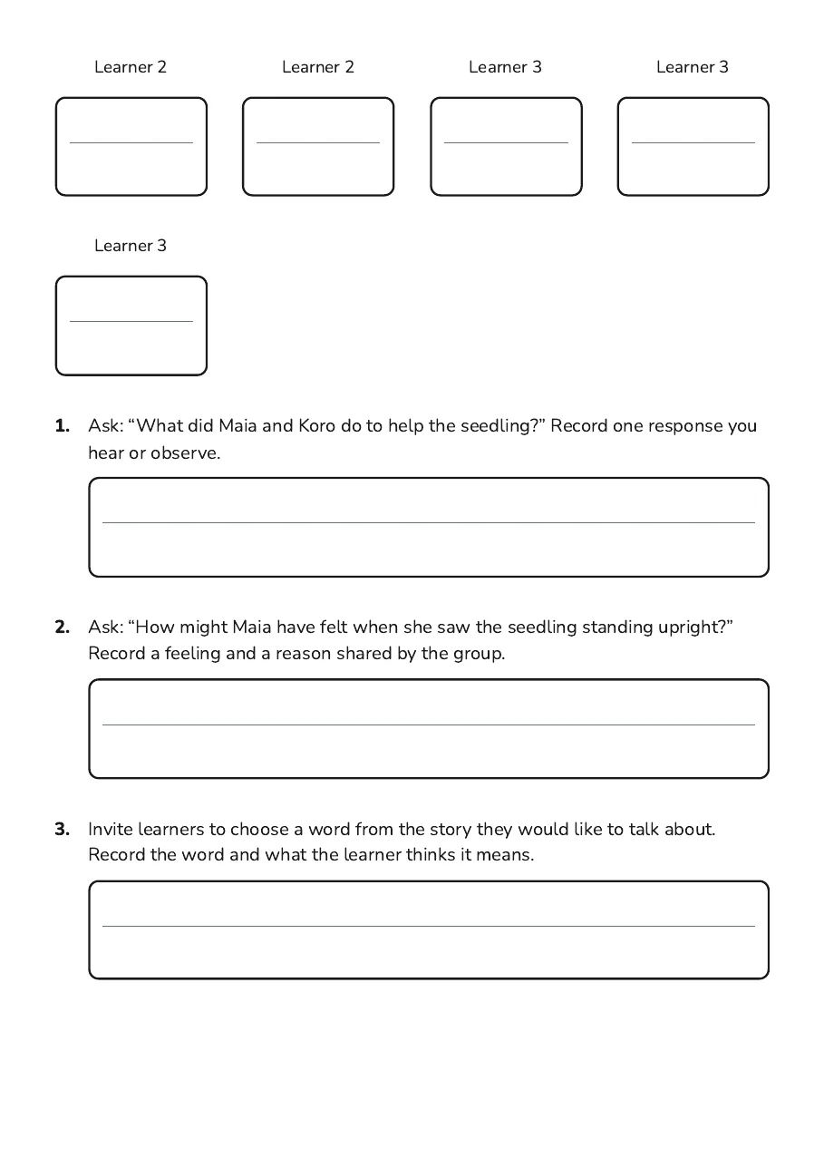 Storytime Sharing Observation Checklist, page 2 of 3: Learner 2 Learner 2 Learner 3 Learner 3