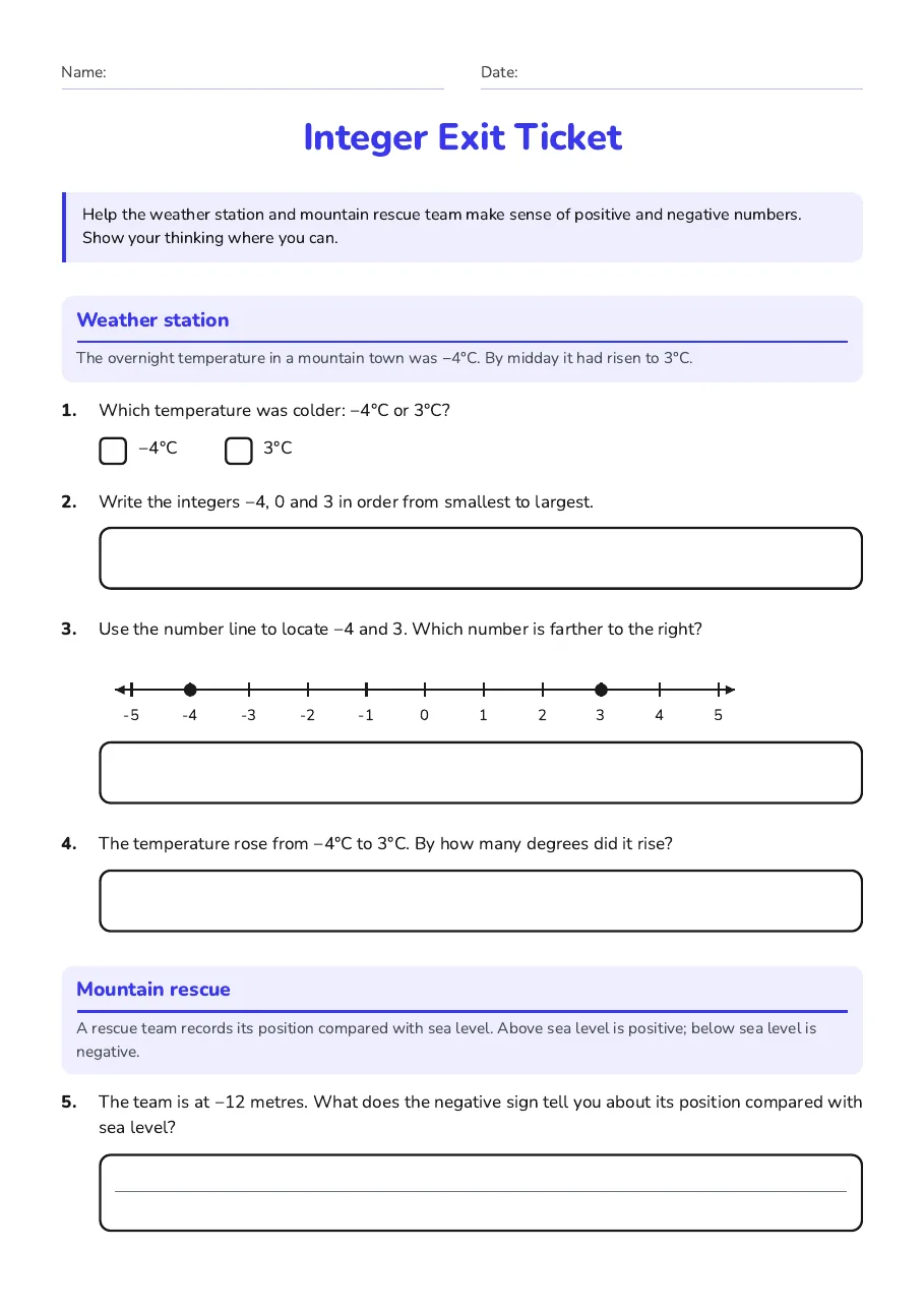 Integer Exit Ticket, page 1 of 2: Weather station, Mountain rescue