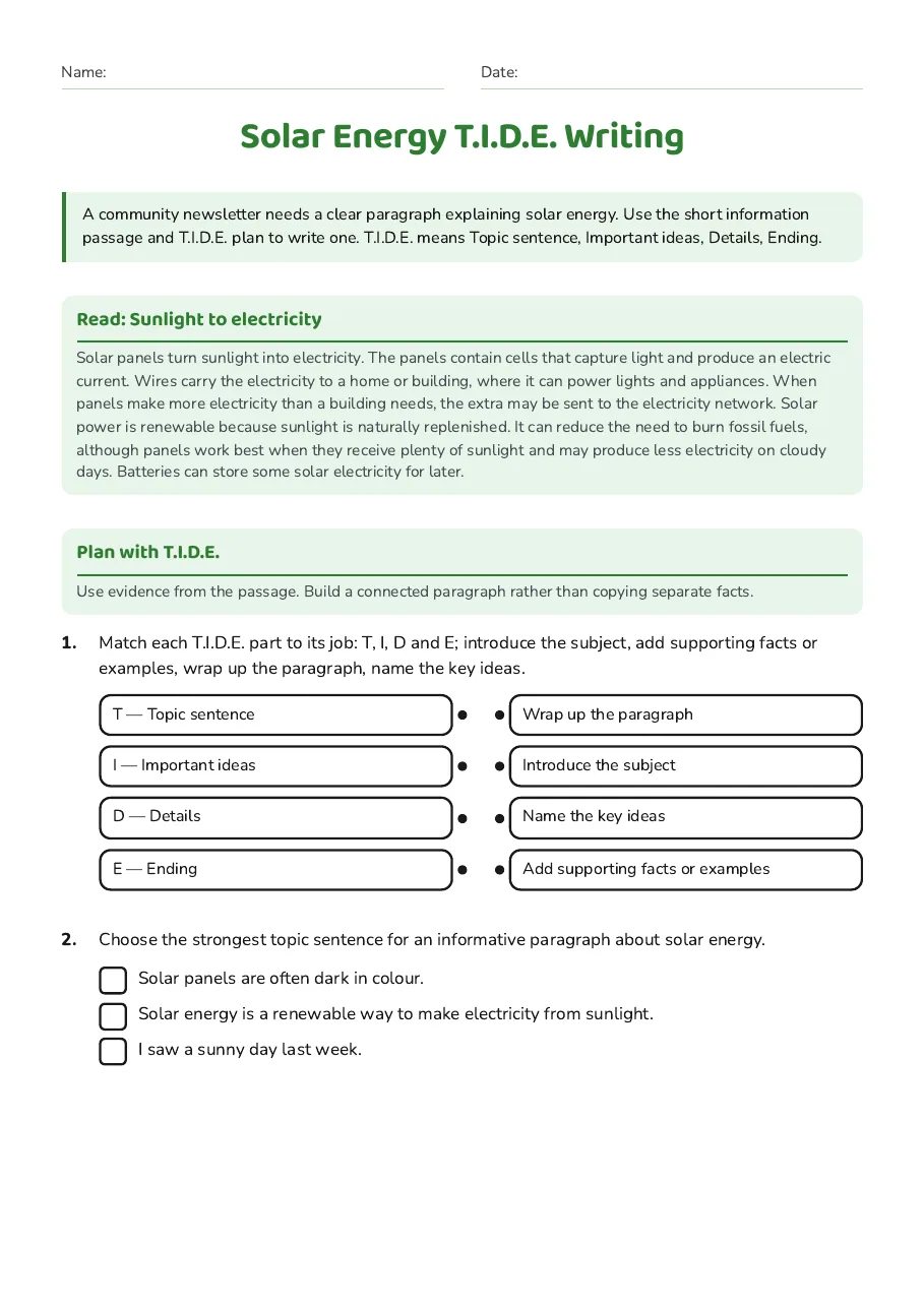 Solar Energy T.I.D.E. Writing, page 1 of 3: Read: Sunlight to electricity, Plan with T.I.D.E.