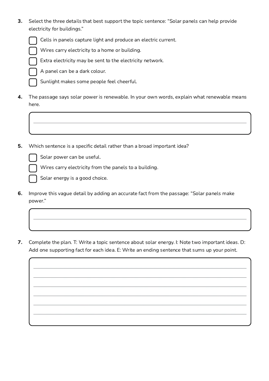 Solar Energy T.I.D.E. Writing, page 2 of 3: 3. Select the three details that best support the topic sentence: “Solar panels can help…