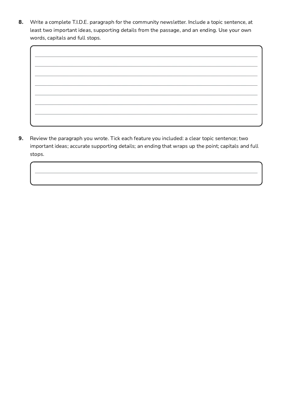 Solar Energy T.I.D.E. Writing, page 3 of 3: 8. Write a complete T.I.D.E. paragraph for the community newsletter. Include a topic…