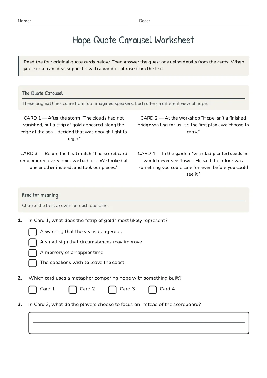 Hope Quote Carousel Worksheet, page 1 of 3: The Quote Carousel, Read for meaning