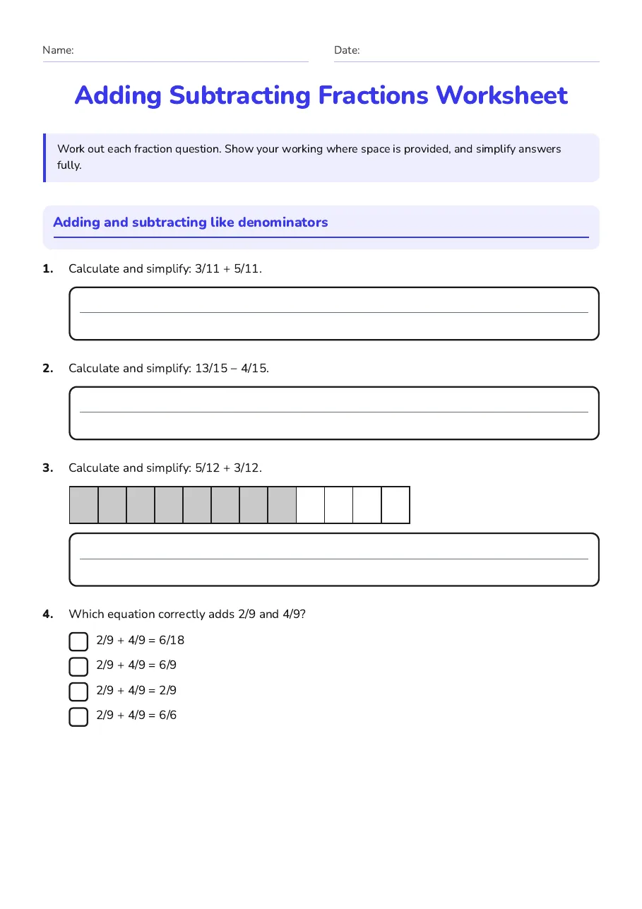 Adding Subtracting Fractions Worksheet, page 1 of 3: Adding and subtracting like denominators