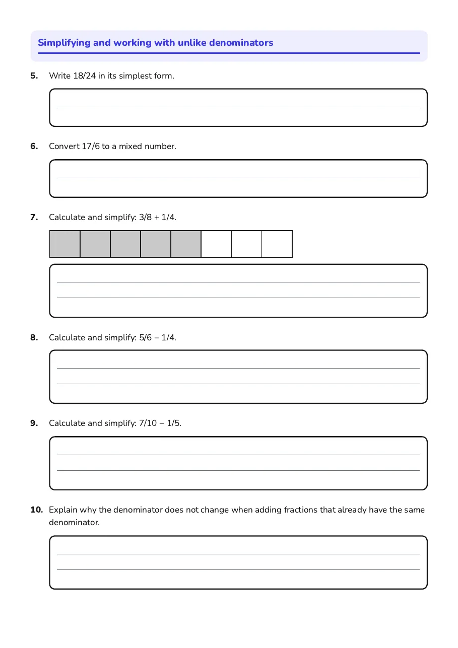 Adding Subtracting Fractions Worksheet, page 2 of 3: Simplifying and working with unlike denominators