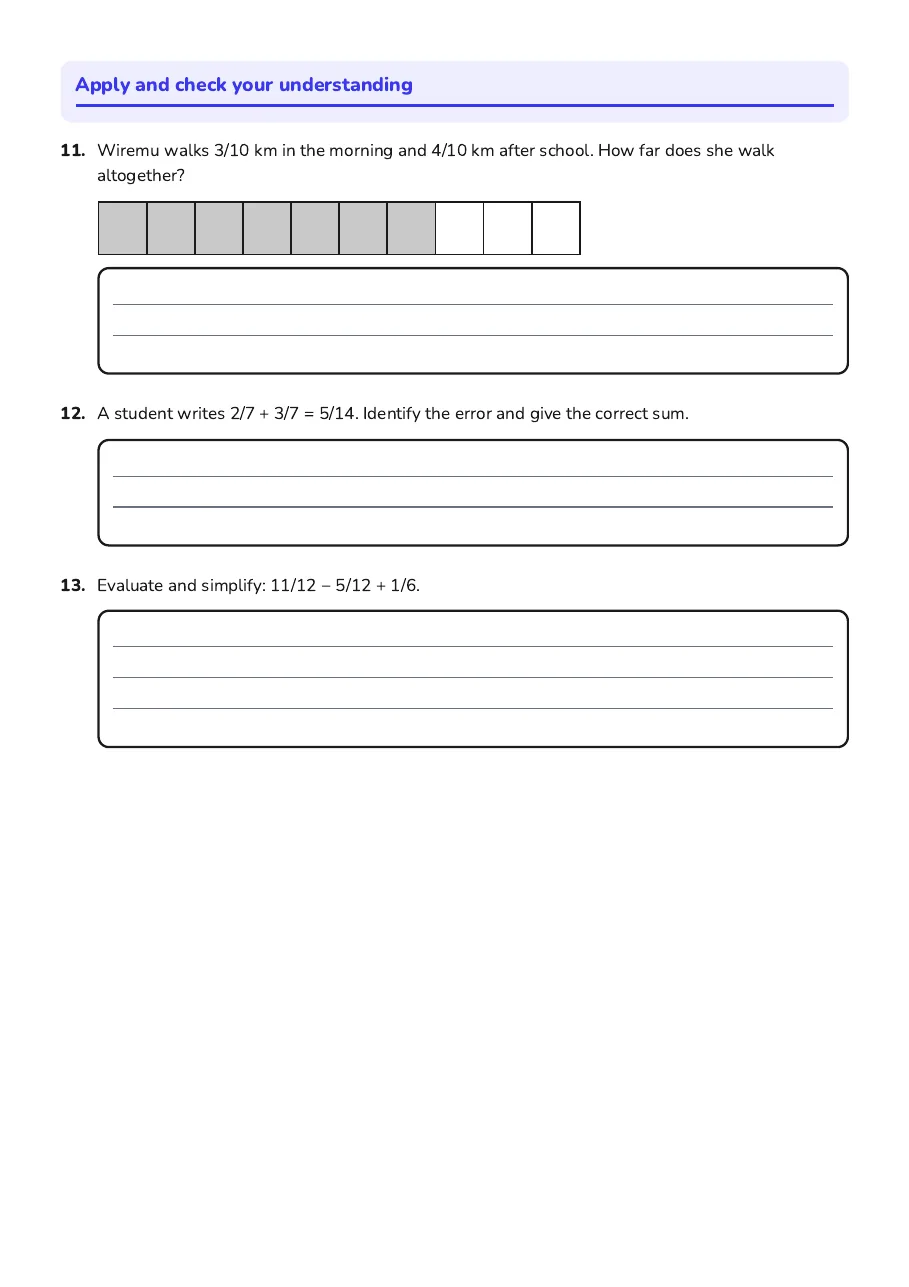 Adding Subtracting Fractions Worksheet, page 3 of 3: Apply and check your understanding