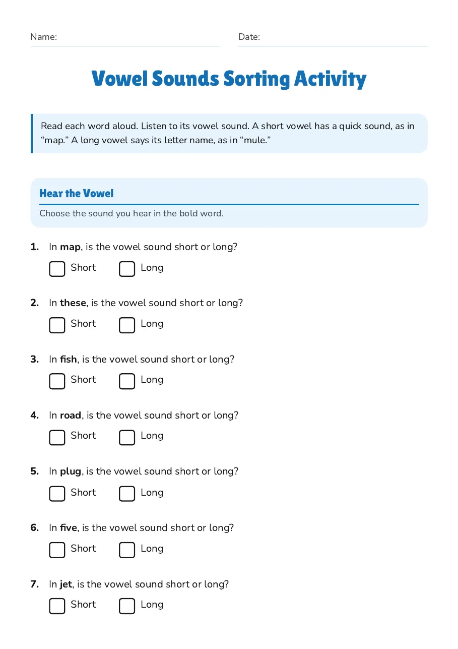 Vowel Sounds Sorting Activity, page 1 of 3: Hear the Vowel