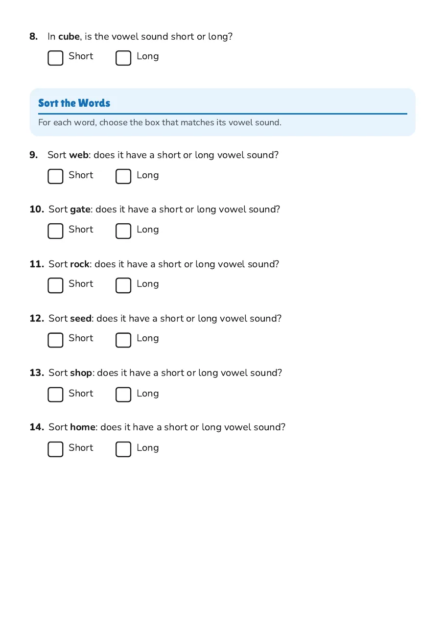 Vowel Sounds Sorting Activity, page 2 of 3: Sort the Words