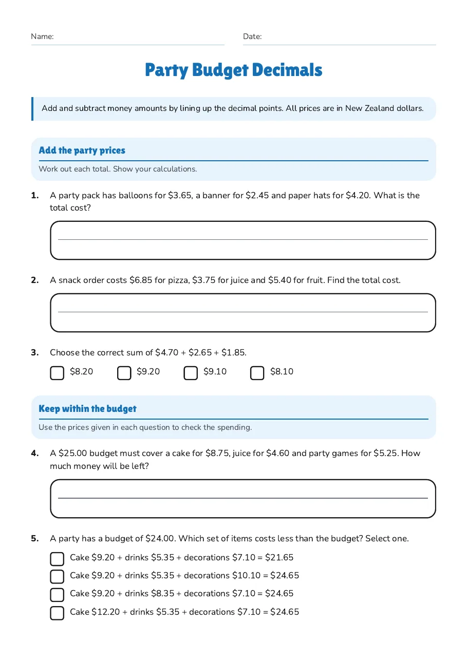 Party Budget Decimals, page 1 of 3: Add the party prices, Keep within the budget