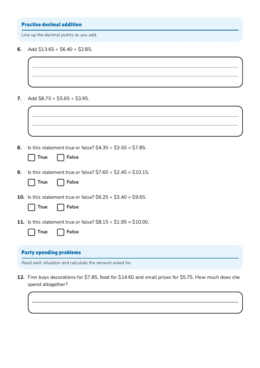Party Budget Decimals, page 2 of 3: Practise decimal addition, Party spending problems