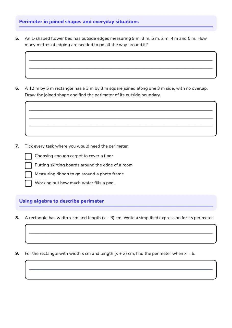 Polygons and Perimeter, page 2 of 3: Perimeter in joined shapes and everyday situations, Using algebra to describe perimeter