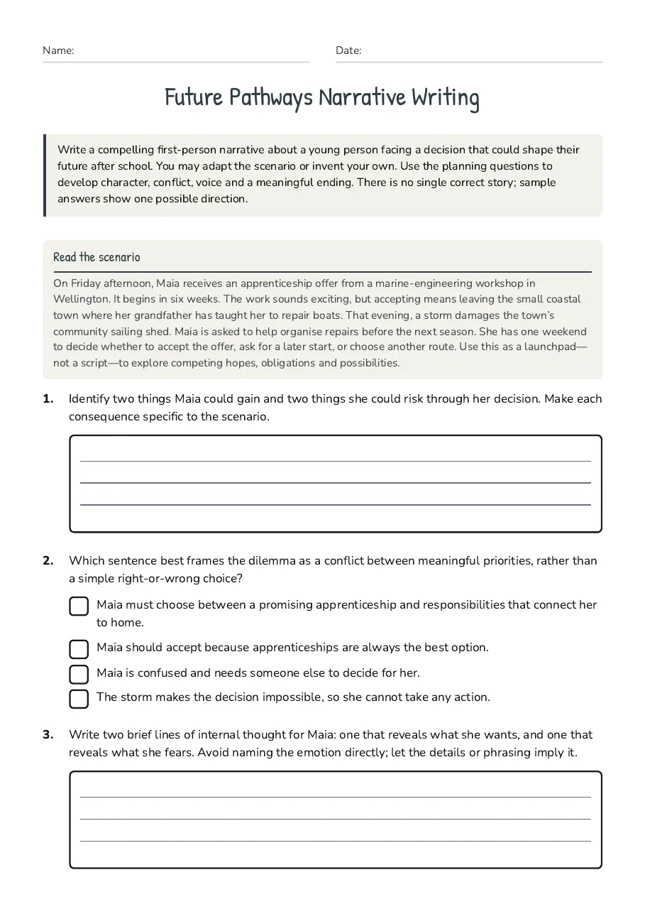 Future Pathways Narrative Writing, page 1 of 3: Read the scenario