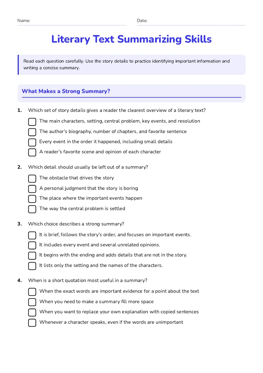Literary Text Summarizing Skills, page 1 of 2: What Makes a Strong Summary?