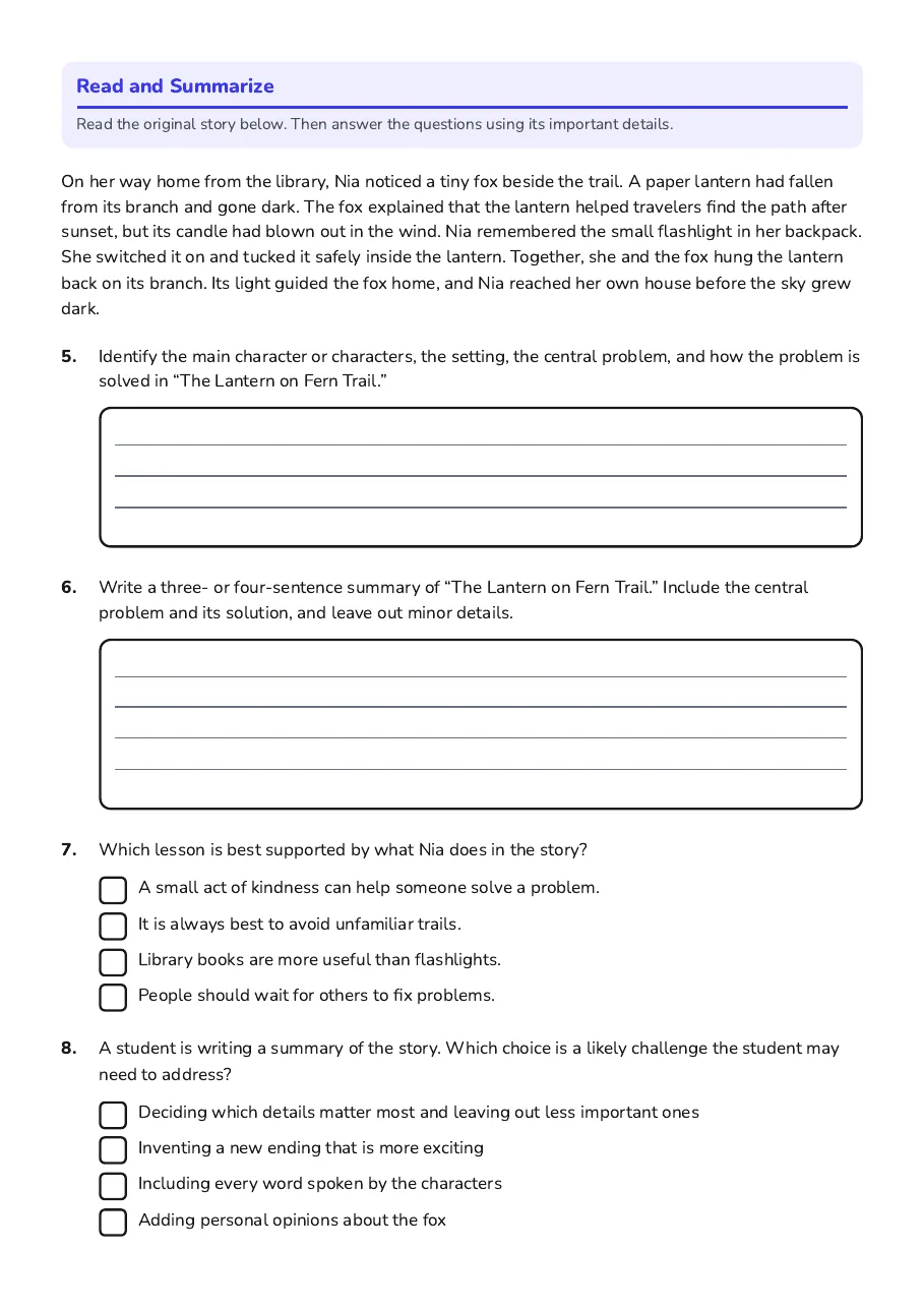 Literary Text Summarizing Skills, page 2 of 2: Read and Summarize