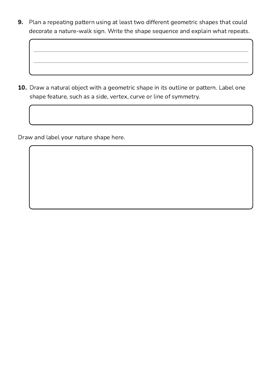 Nature Shapes Geometry Walk, page 3 of 3: 9. Plan a repeating pattern using at least two different geometric shapes that could