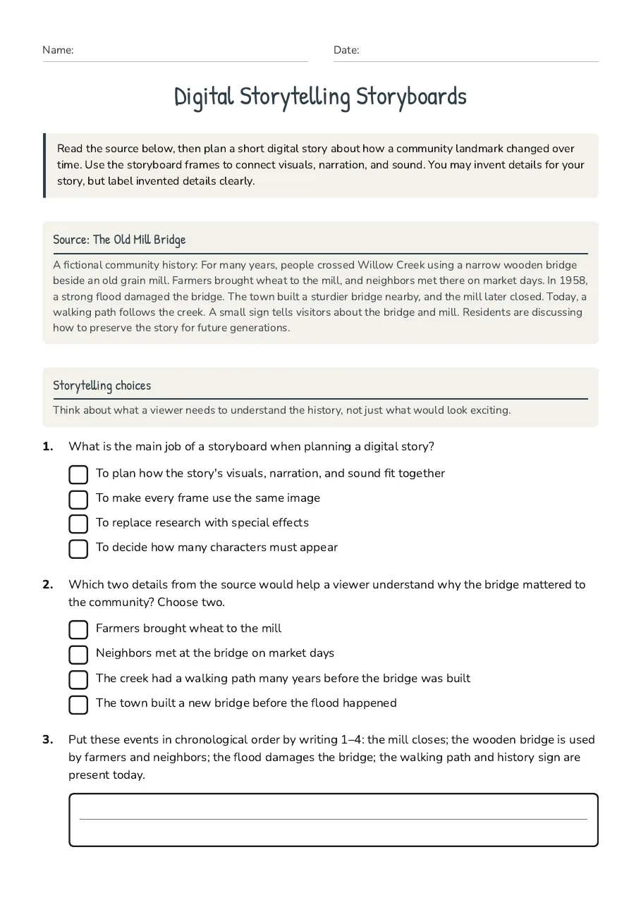 Digital Storytelling Storyboards, page 1 of 3: Source: The Old Mill Bridge, Storytelling choices