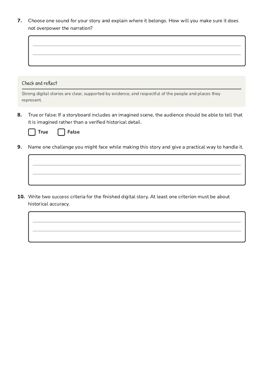 Digital Storytelling Storyboards, page 3 of 3: Check and reflect