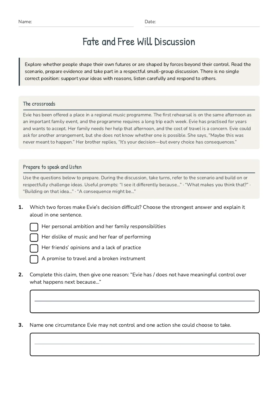 Page 1: Fate and Free Will Discussion worksheet with a symbolic crossroads illustration and the scenario The Last Seat.