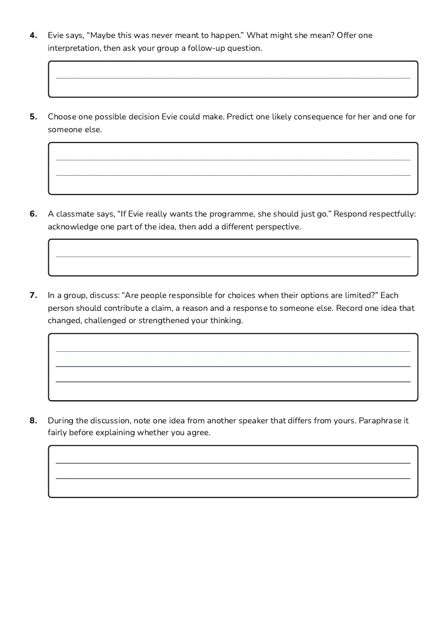 Page 2: Speaking and listening preparation tasks, discussion sentence starters, and the structured fate and free will challenge.