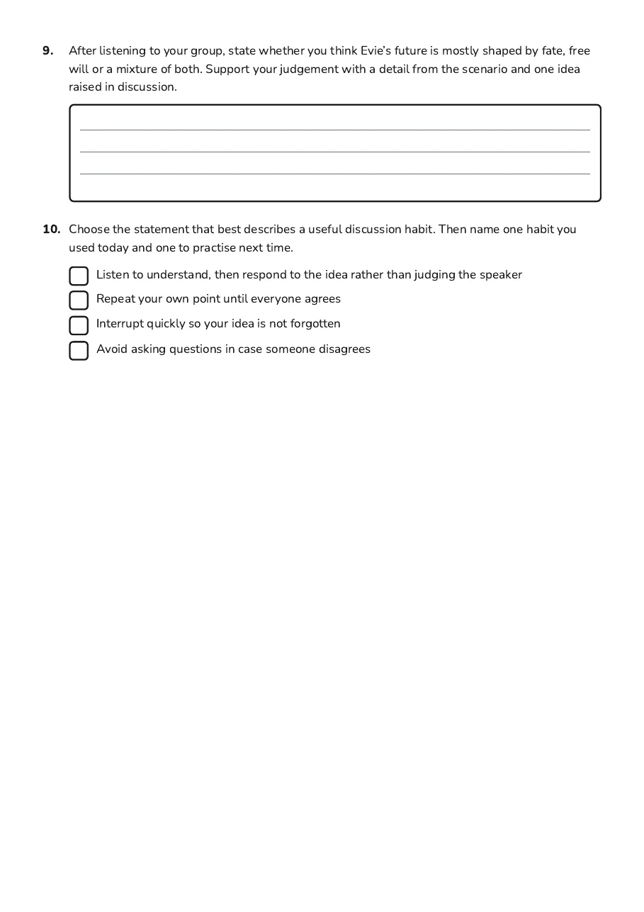 Page 3: Reflection questions about agency, circumstance, consequence, responsibility, and respectful discussion.