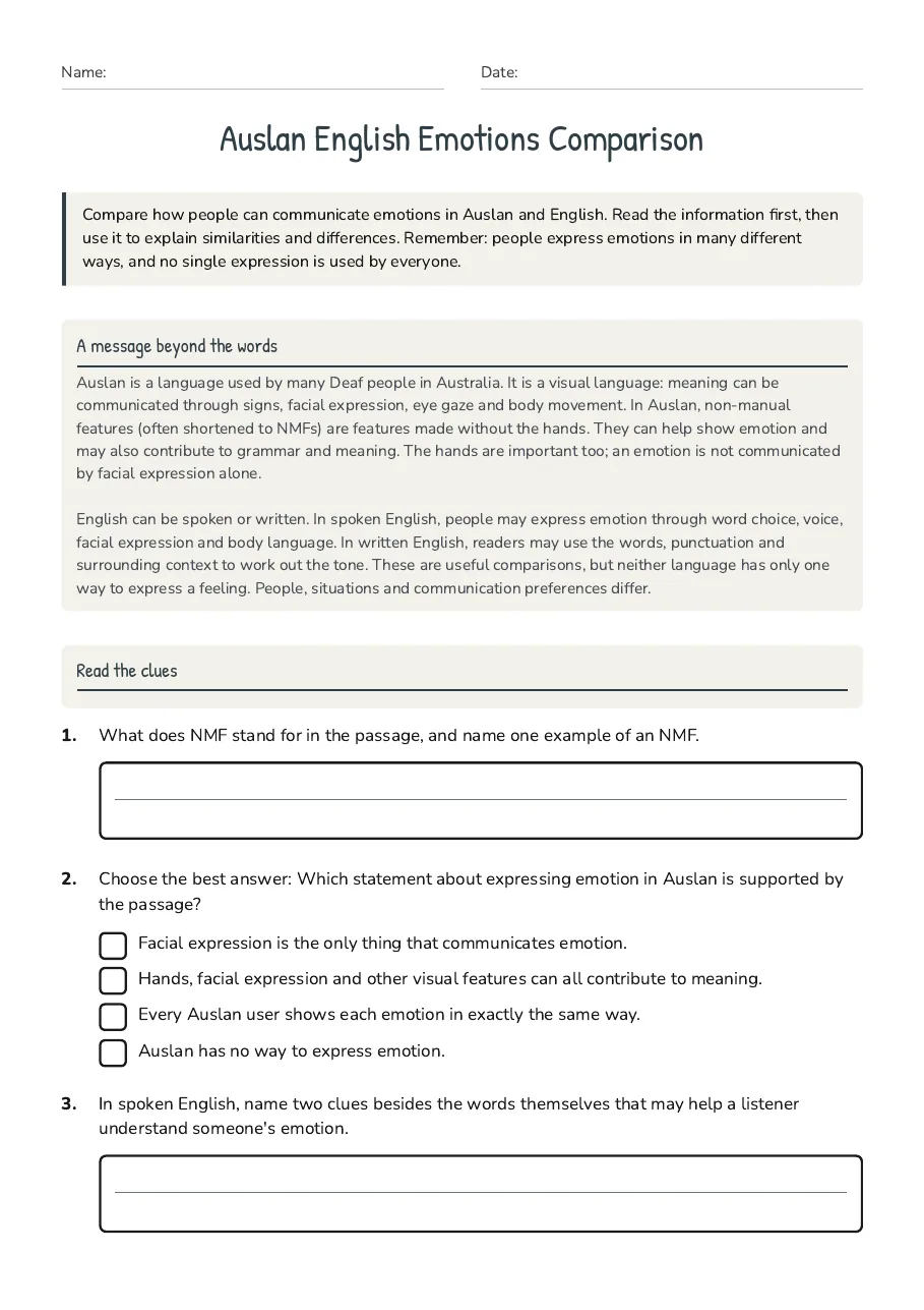 Auslan English Emotions Comparison, page 1 of 3: A message beyond the words, Read the clues