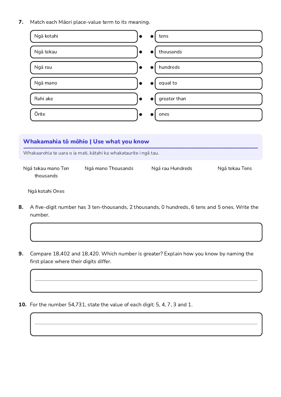 Five-digit place-value houses, Māori place-value vocabulary matching, and questions about expanded notation and digit values.