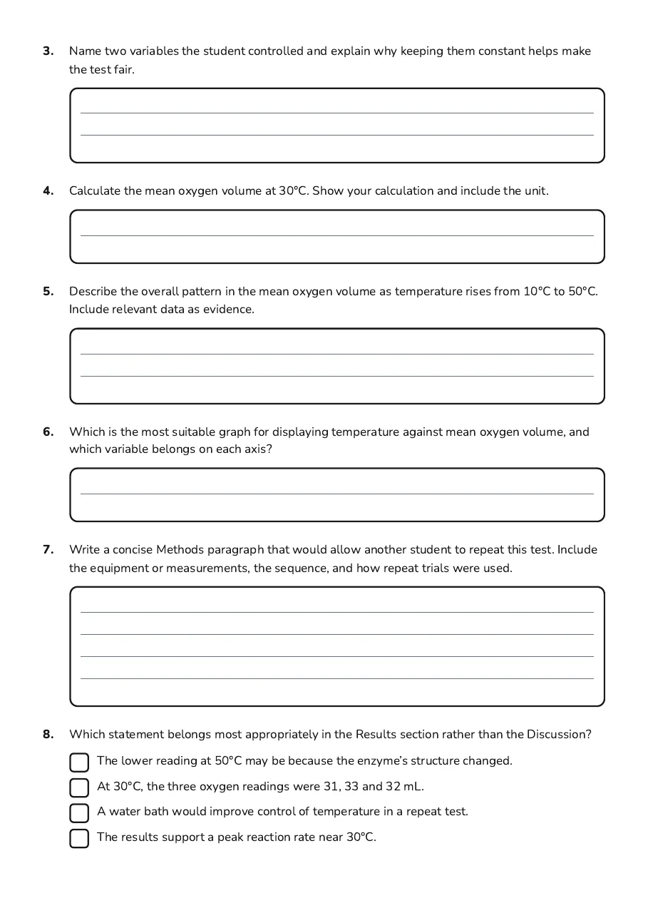 Scientific Investigation Report, page 2 of 3: 3. Name two variables the student controlled and explain why keeping them constant helps…