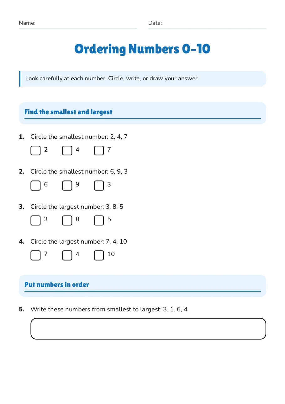 Ordering Numbers 0–10, page 1 of 4: Find the smallest and largest, Put numbers in order