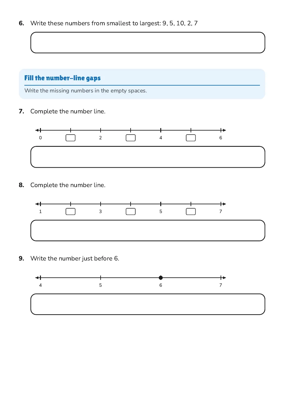 Ordering Numbers 0–10, page 2 of 4: Fill the number-line gaps