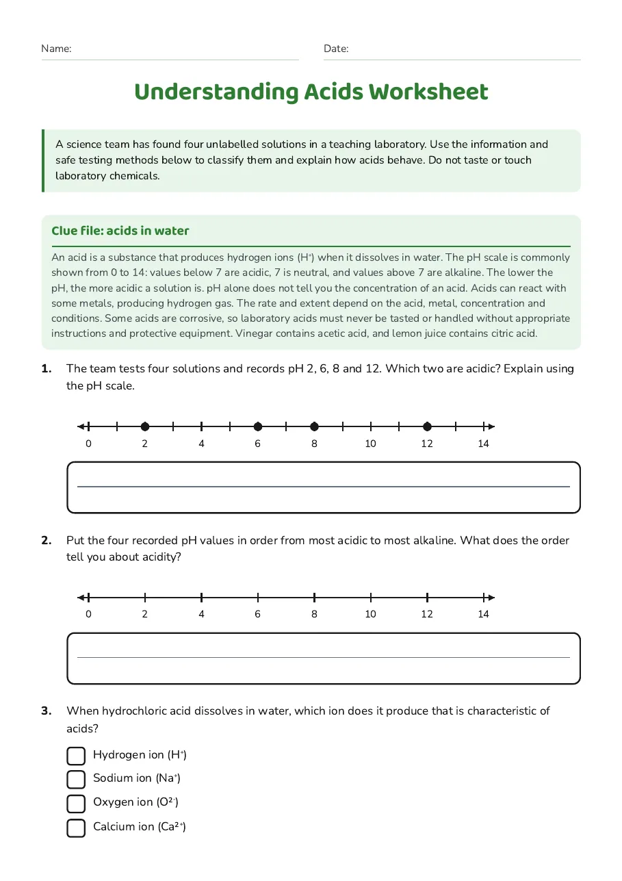 Understanding Acids Worksheet, page 1 of 3: Clue file: acids in water