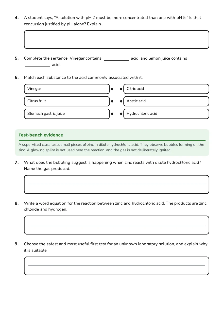 Understanding Acids Worksheet, page 2 of 3: Test-bench evidence