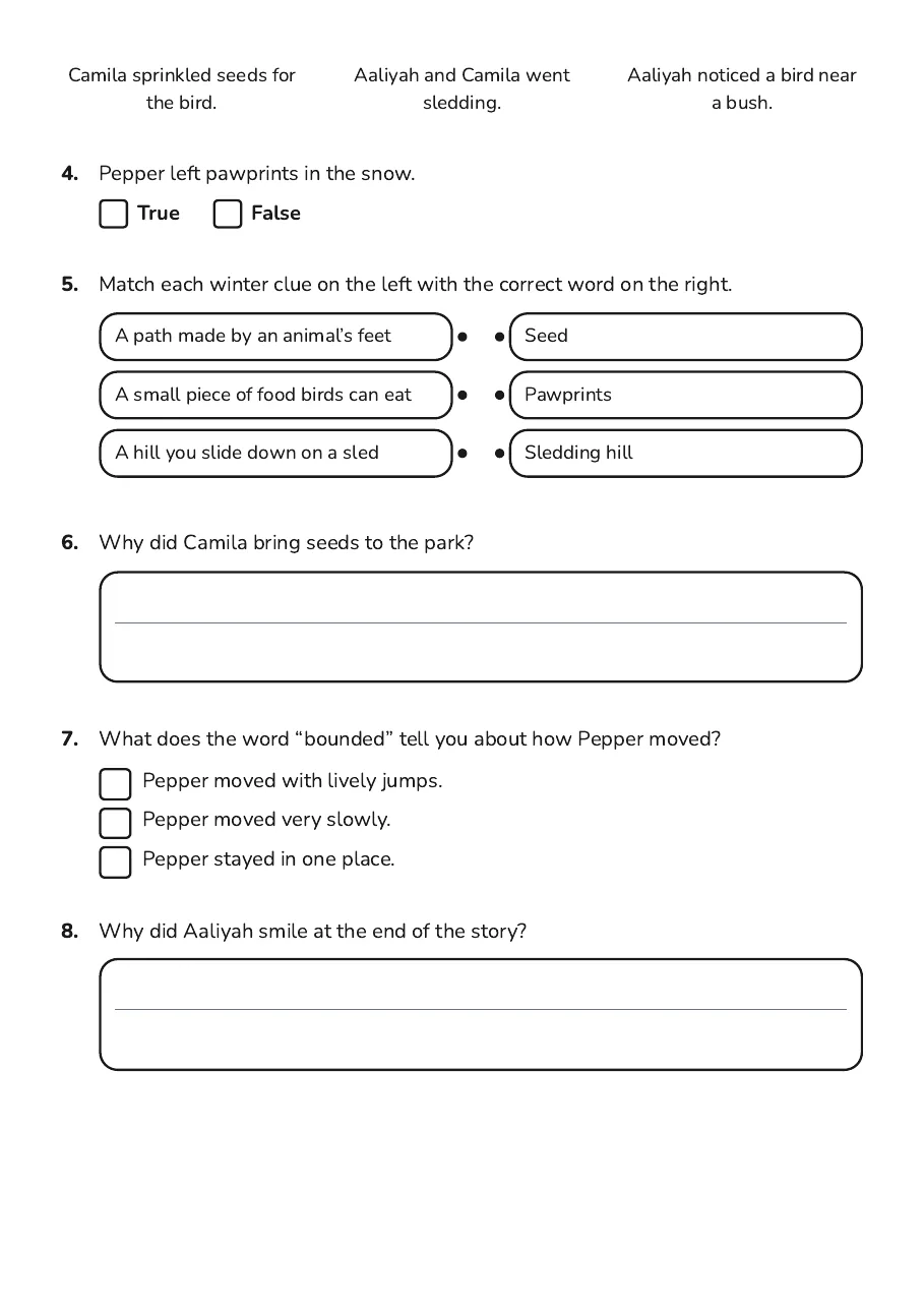 Winter Reading Fun, page 2 of 3: Camila sprinkled seeds for Aaliyah and Camila went Aaliyah noticed a bird near