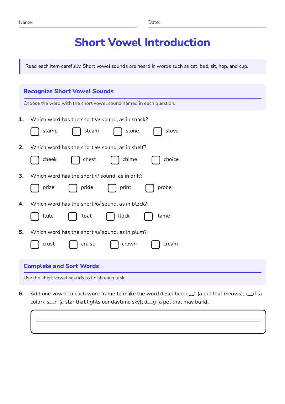 Short Vowel Introduction, page 1 of 2: Recognize Short Vowel Sounds, Complete and Sort Words