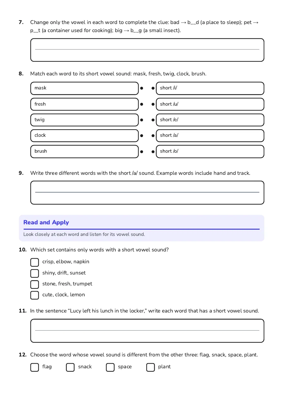 Short Vowel Introduction, page 2 of 2: Read and Apply